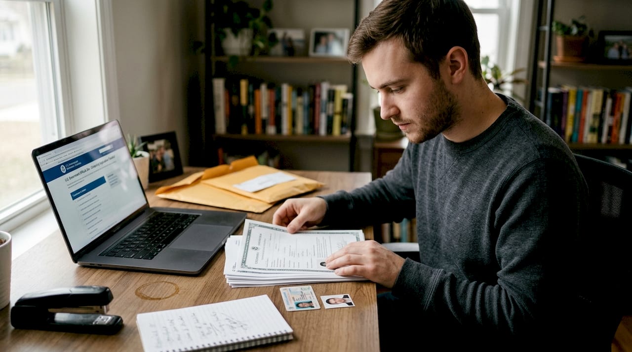 Man organizing passport application documents