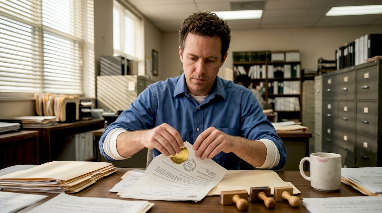 Legal assistant affixes apostille sticker onsite