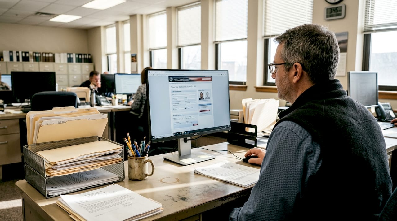 Government employee reviewing digital visa documents