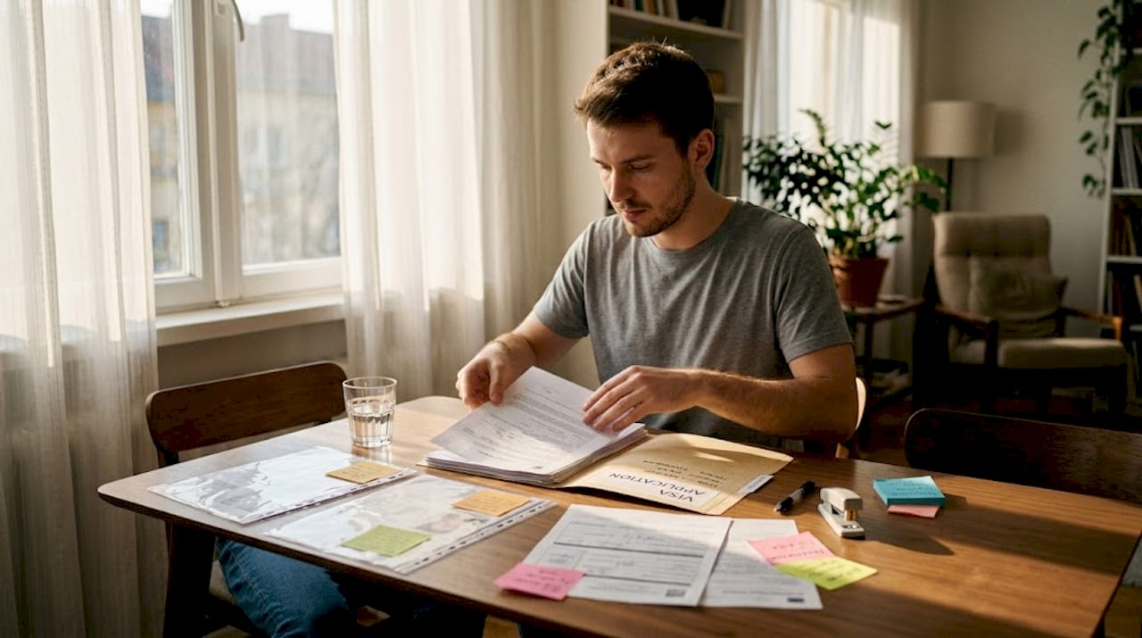 Man organizing visa documents at table