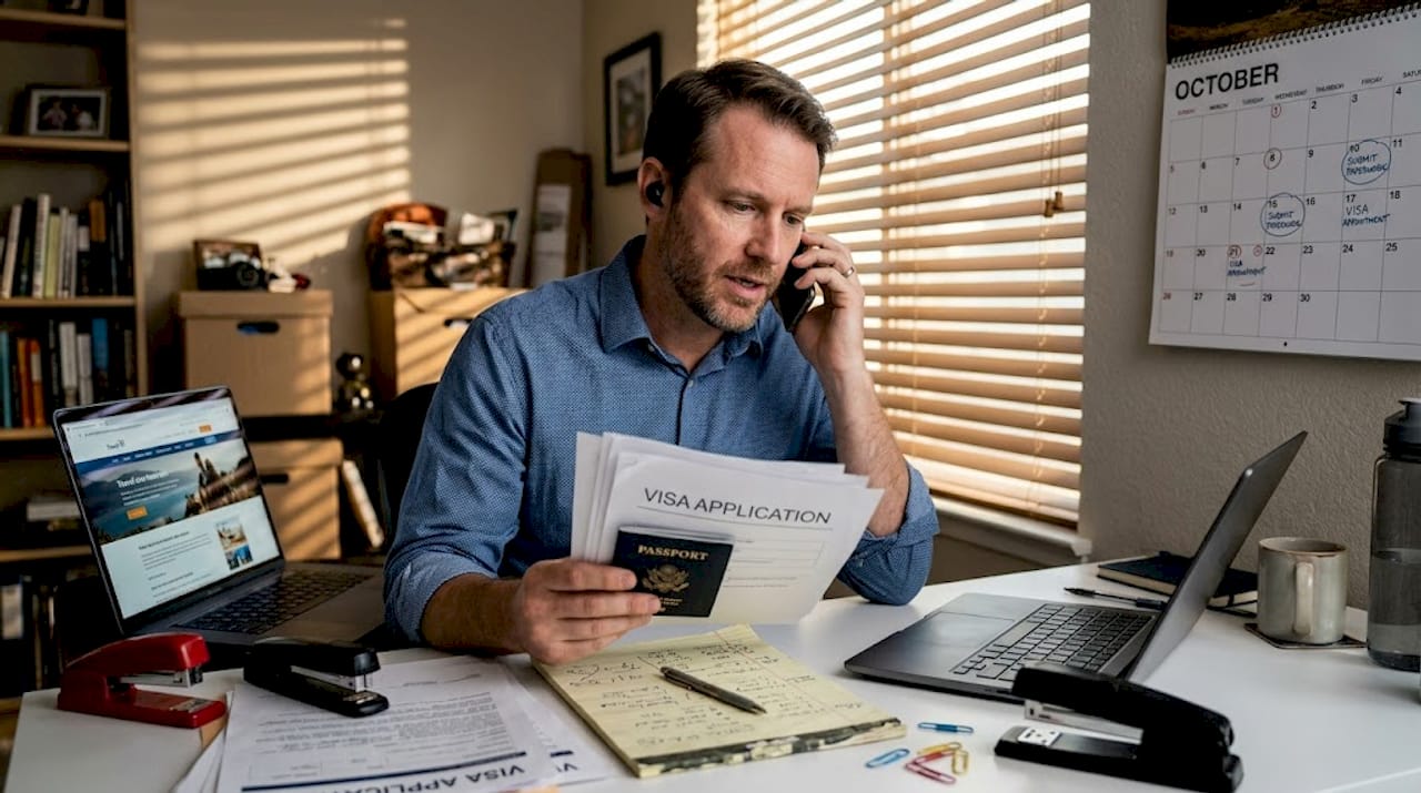 Man reviewing visa papers at cluttered desk