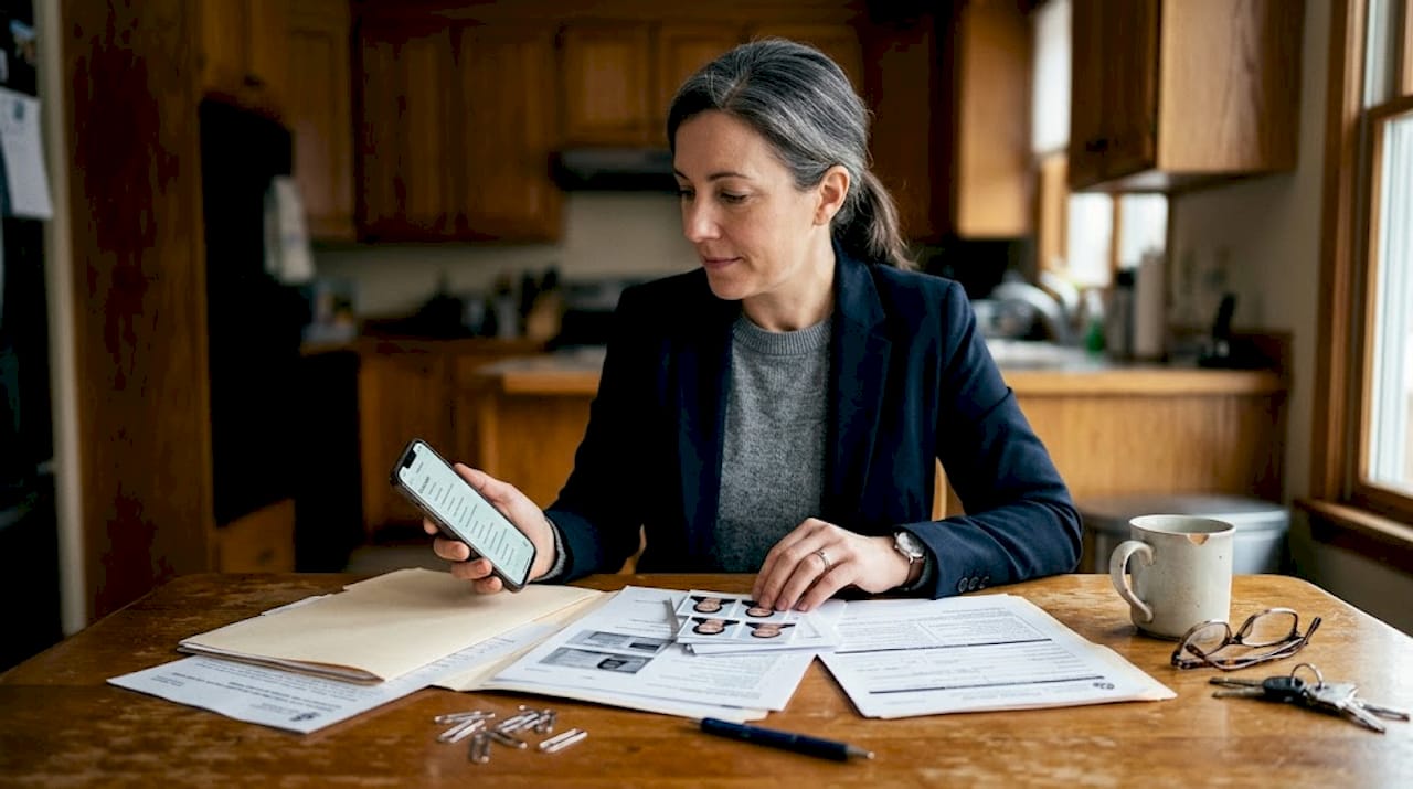 Woman preparing passport documents at kitchen table