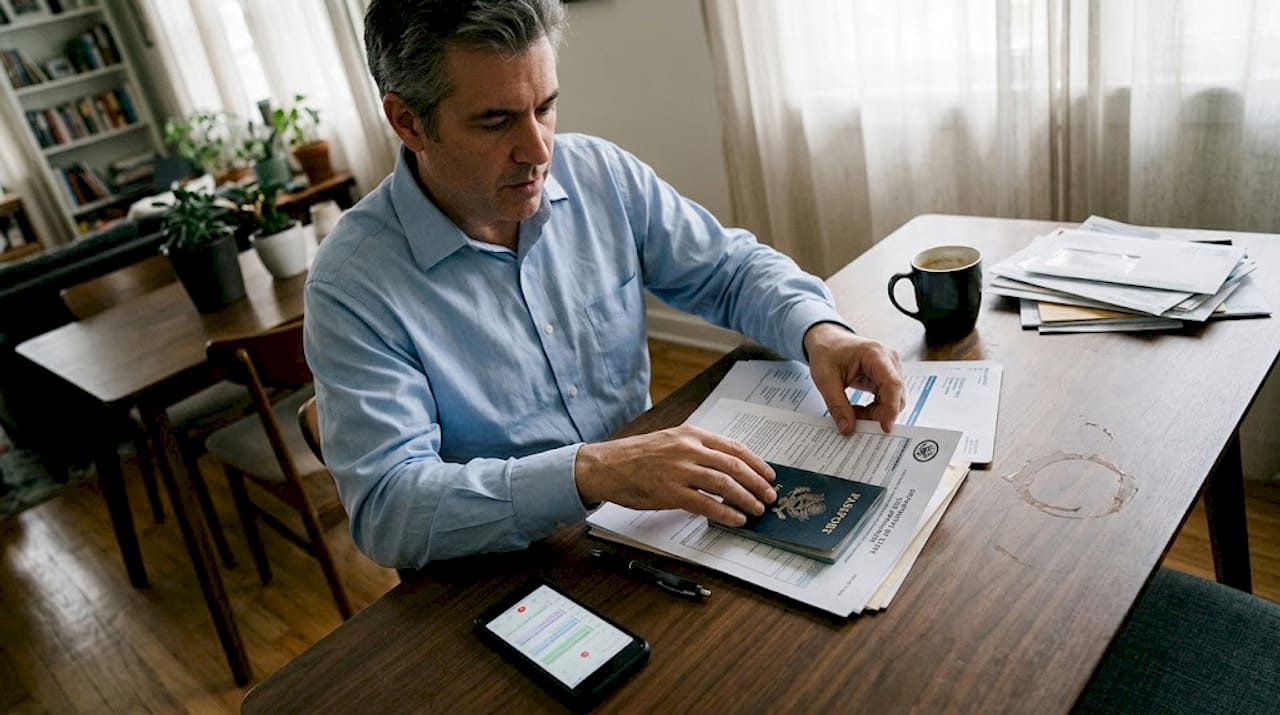 Man reviews urgent travel paperwork at home