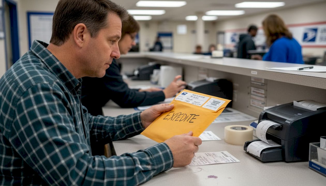 Man mailing passport renewal envelope