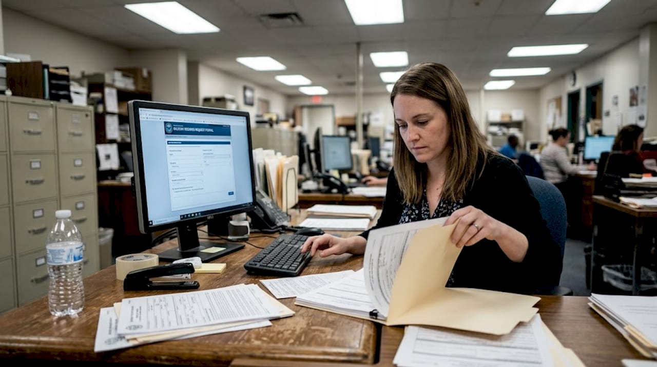 Records clerk processing DD214 requests in office