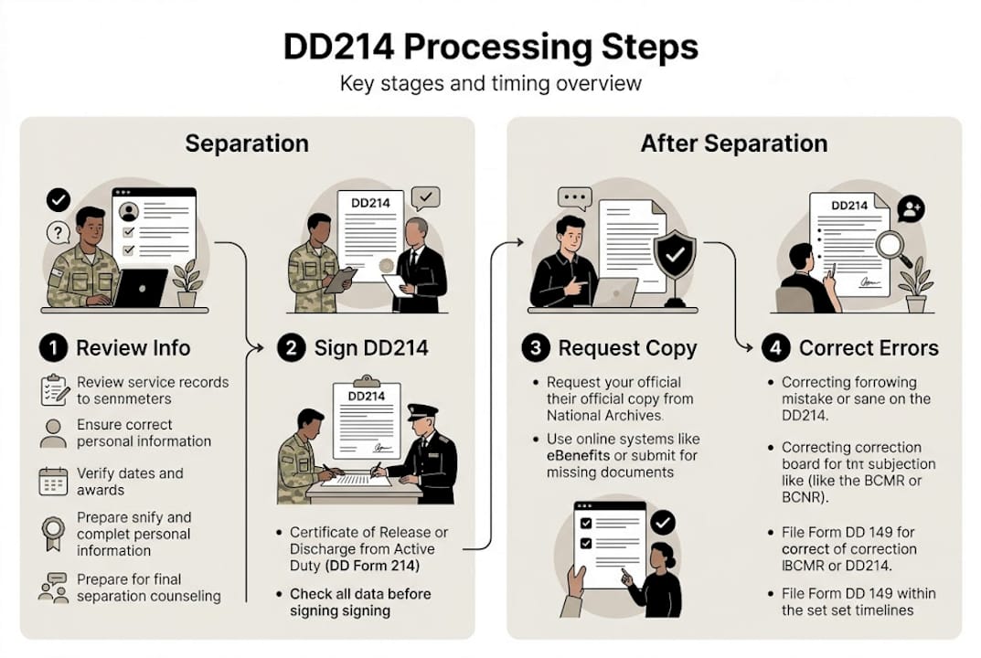 Infographic showing DD214 process and main steps