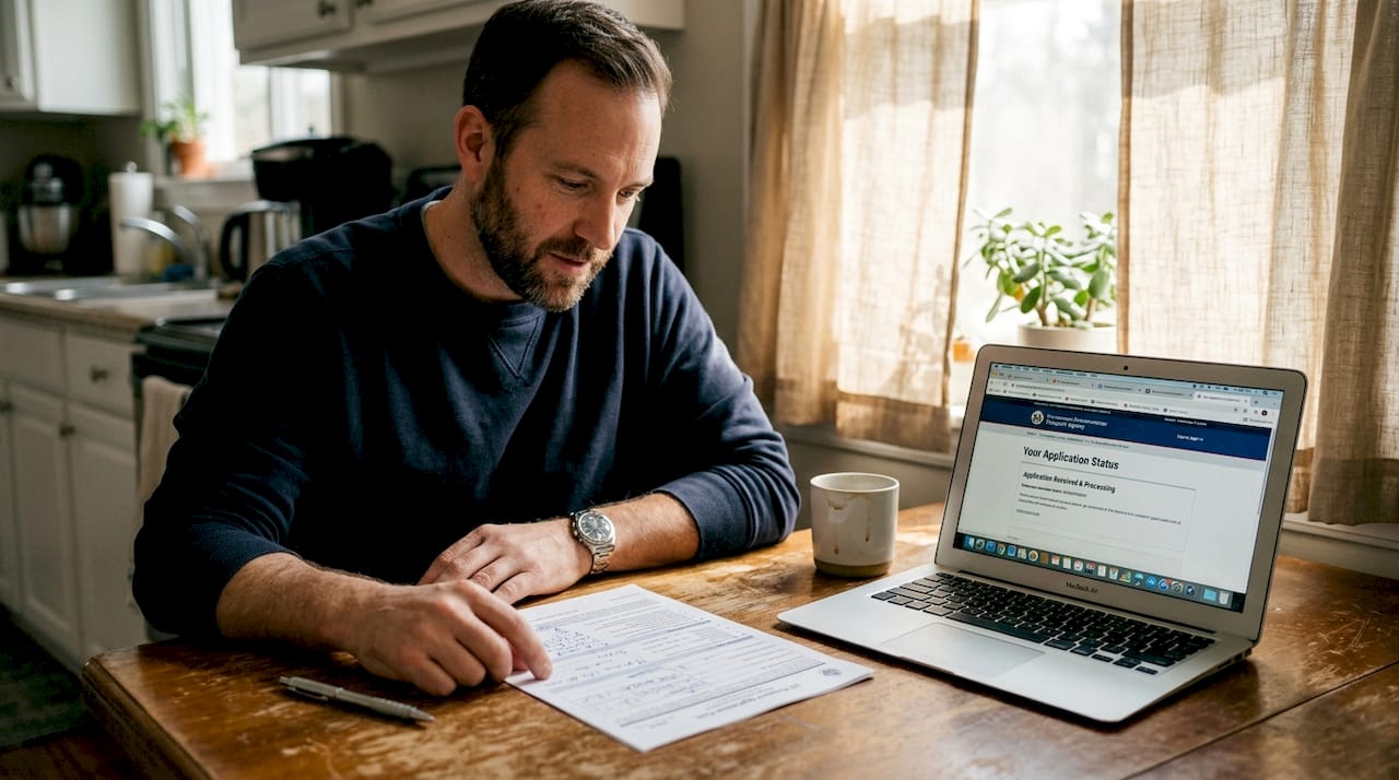 Man reviewing application status at kitchen table