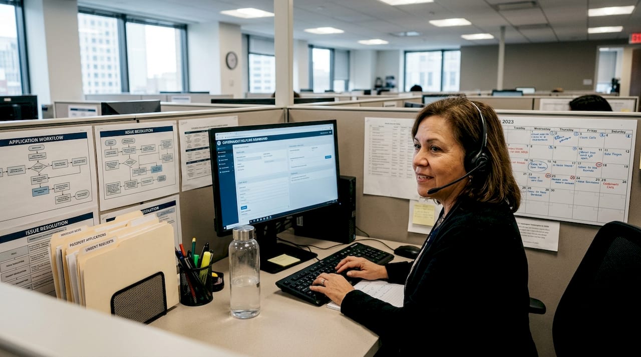 Agent taking call about passport status