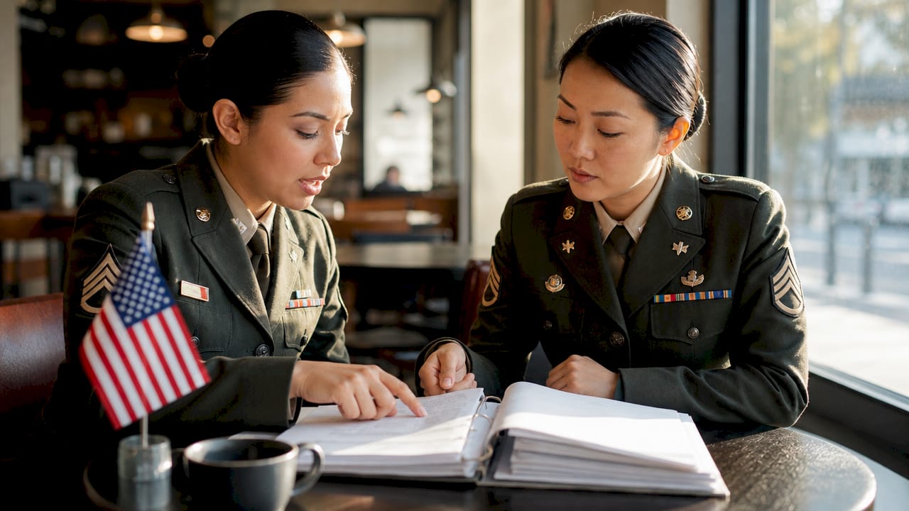 Military recruiters discussing reenlistment eligibility