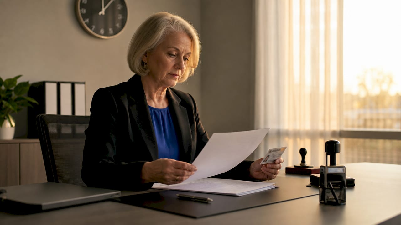 Notary public verifying ID and passport form