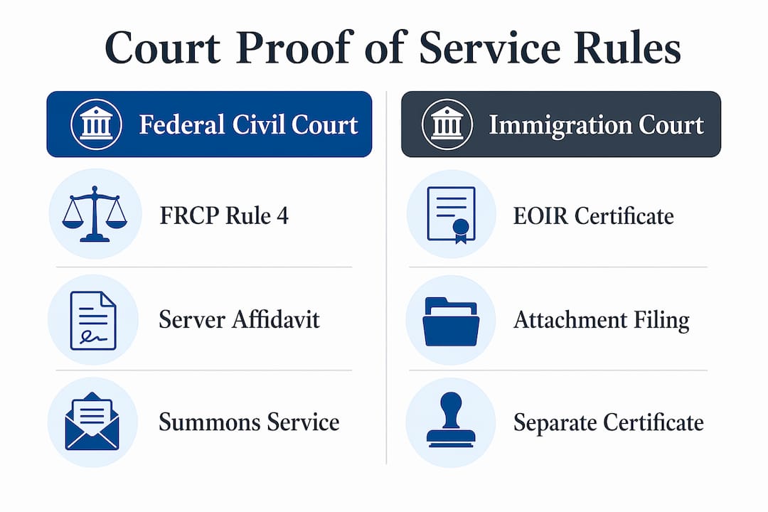 Infographic comparing federal and immigration court proof of service rules