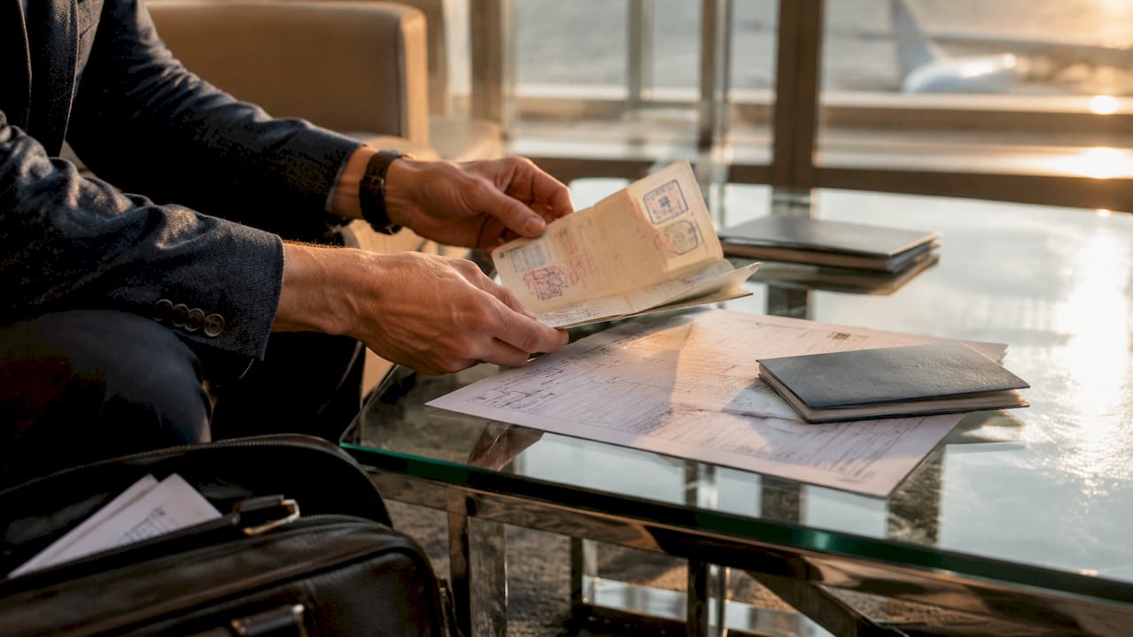 Hands examining assorted travel documents on table