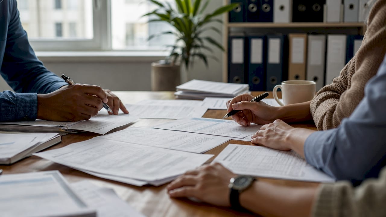 Overhead view of hands sorting document approval forms