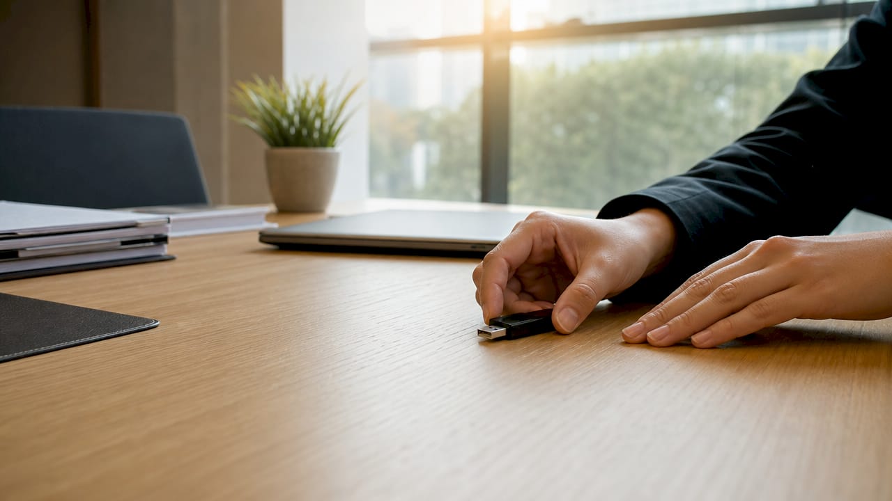 Hands typing on laptop for encrypted document handling