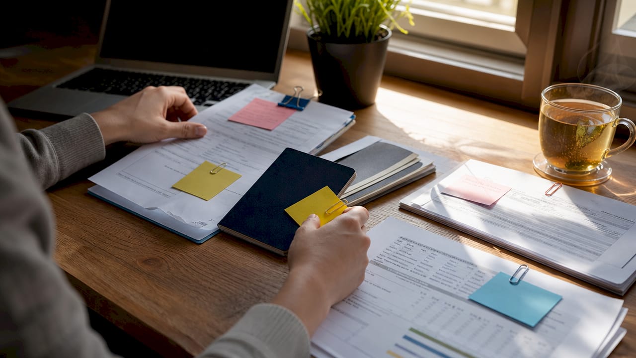 Hands organizing business visa documents on glass table.