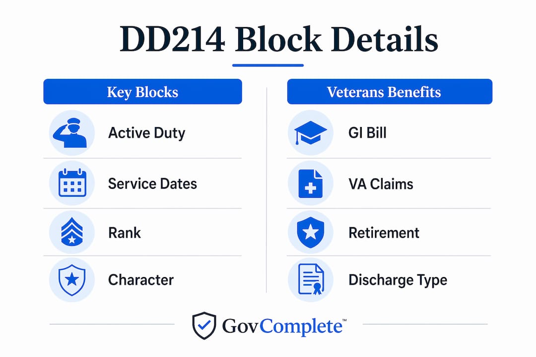 Infographic showing key DD214 blocks and benefits