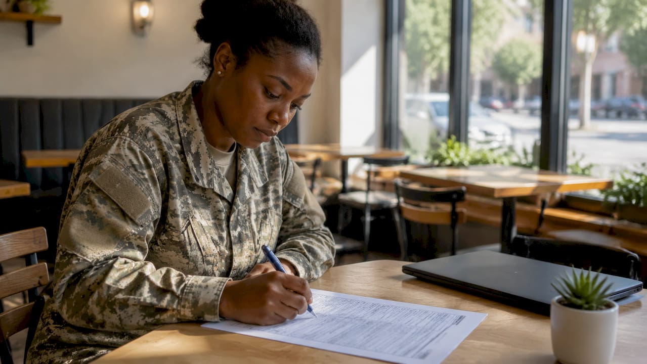 Close-up of veteran marking military document