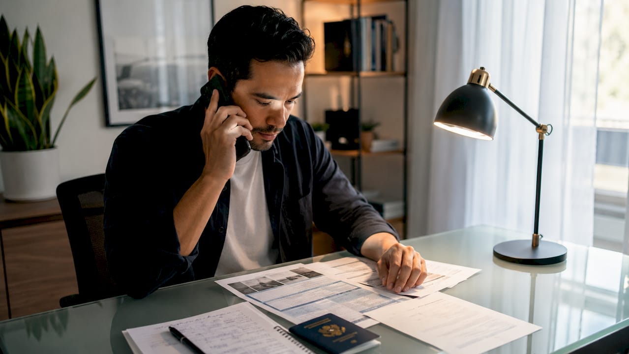 Hands dialing phone to secure urgent travel documents