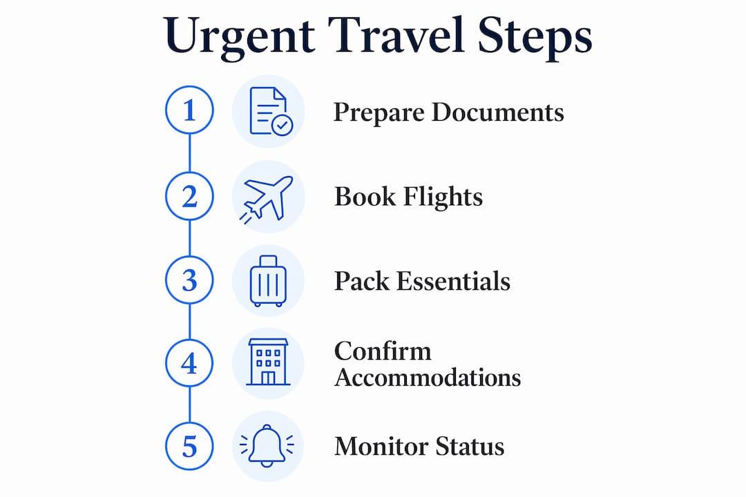 Infographic with five steps for urgent travel preparation