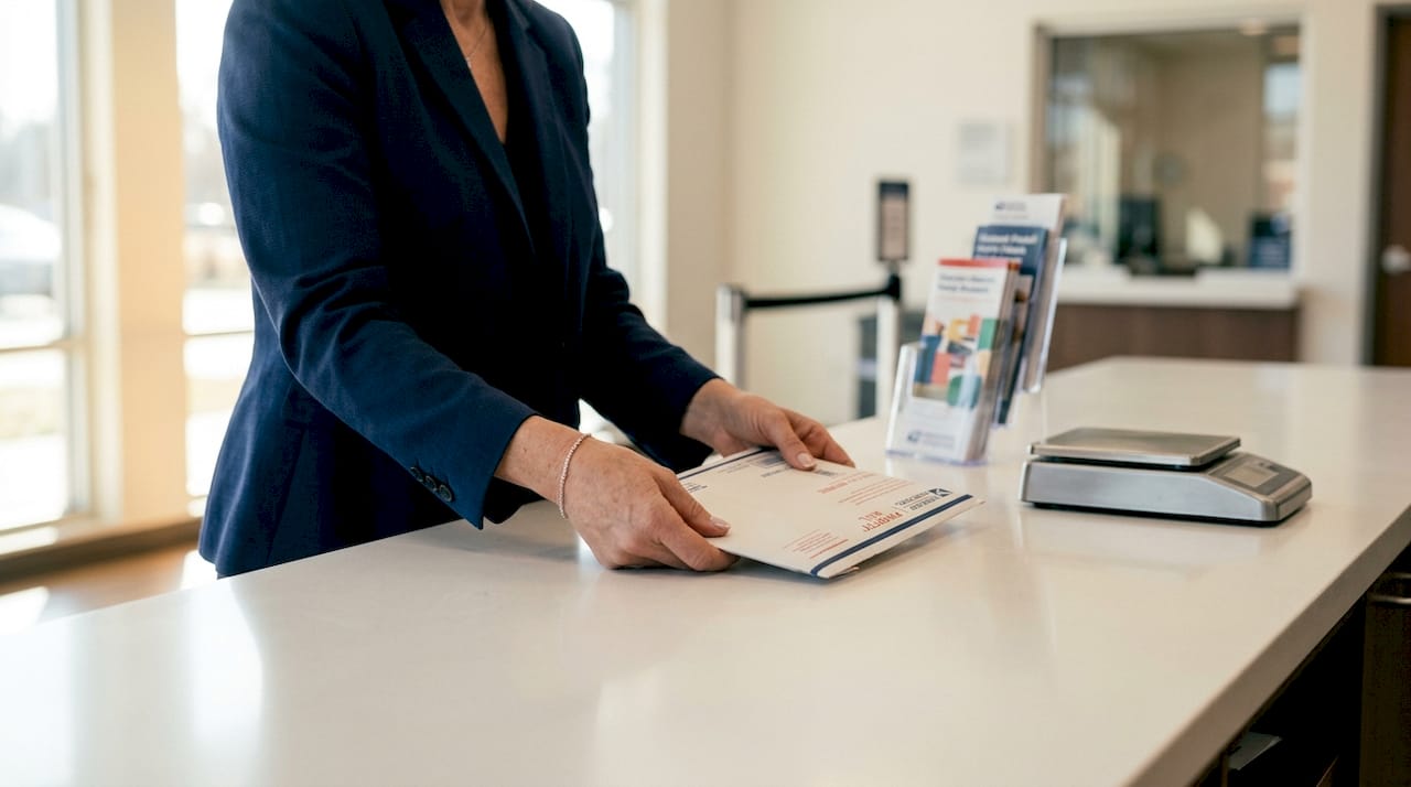 Hands posting USPS Priority Mail Express envelope