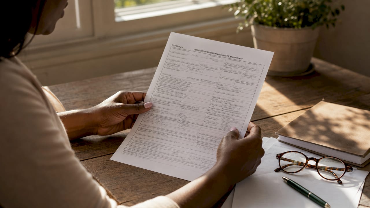 Hands holding DD Form 214 document on table