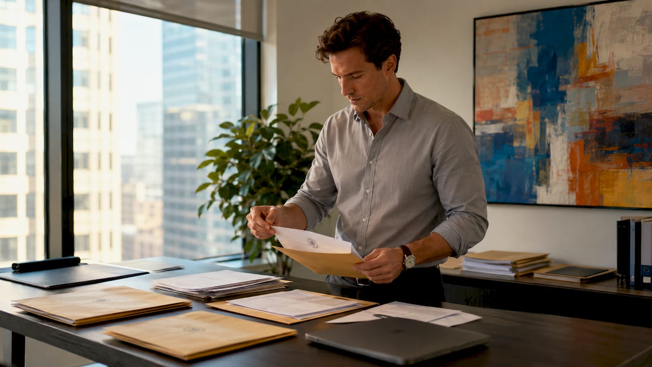 Hands sorting government documents on table