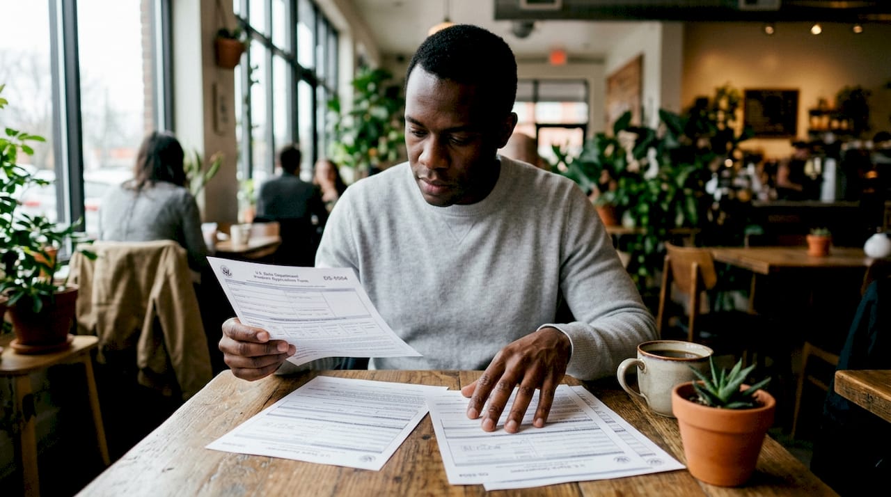 Man reviewing passport forms at home office desk