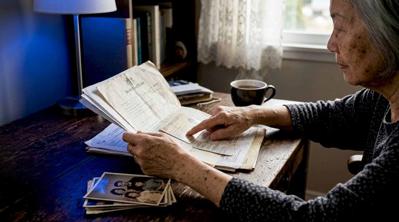 Hands sorting passport supporting documents on counter