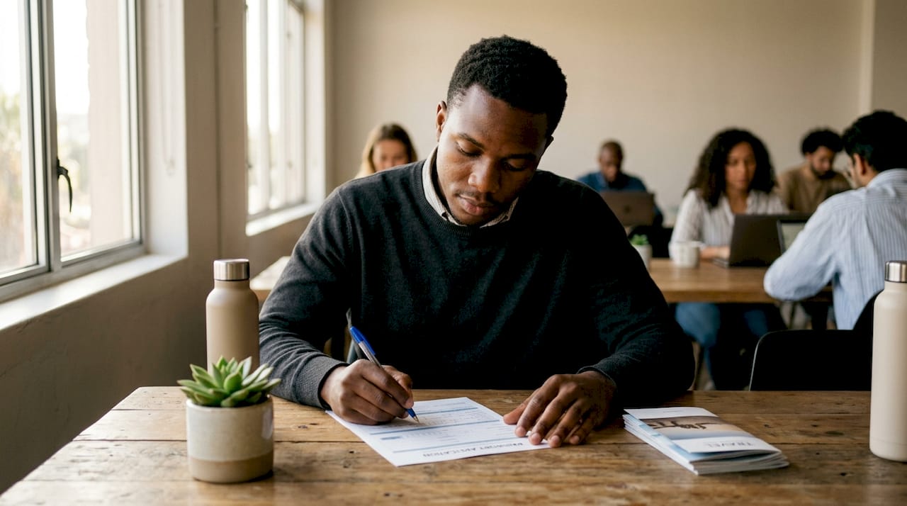 Man completing passport replacement form at desk