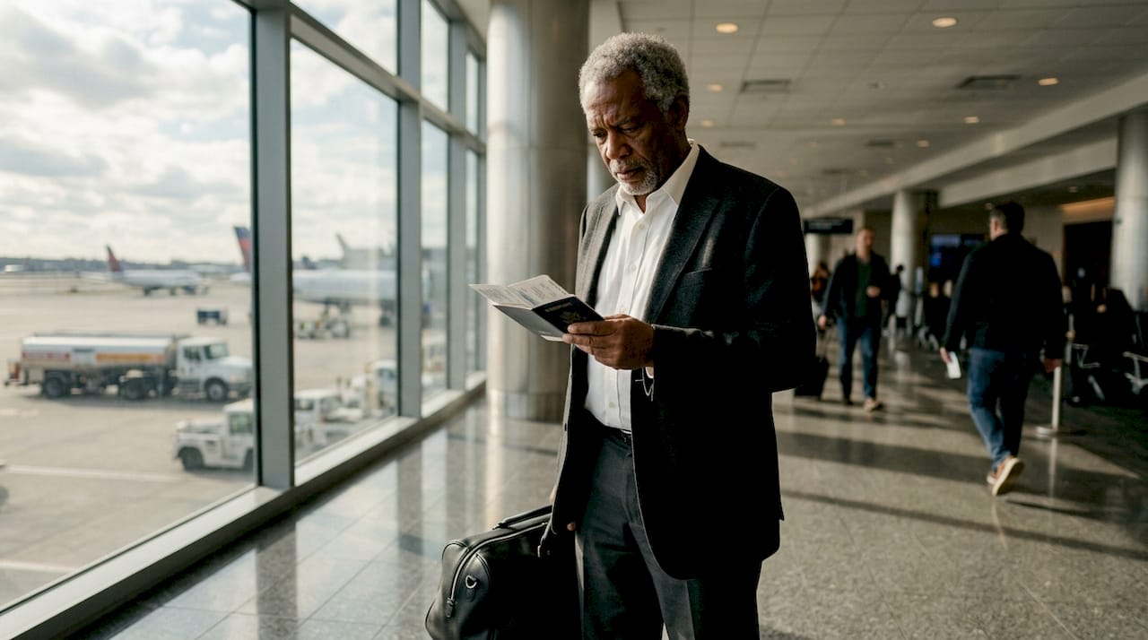 Elderly man checking passport in airport terminal