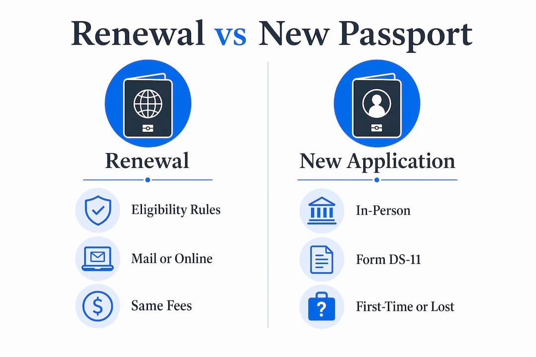 Infographic comparing passport renewal and new application
