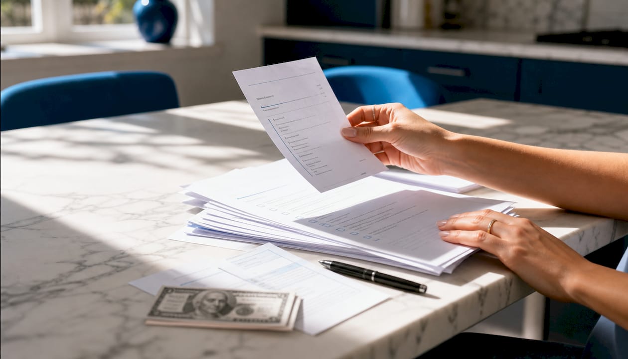 Hands organizing documents for passport appointment