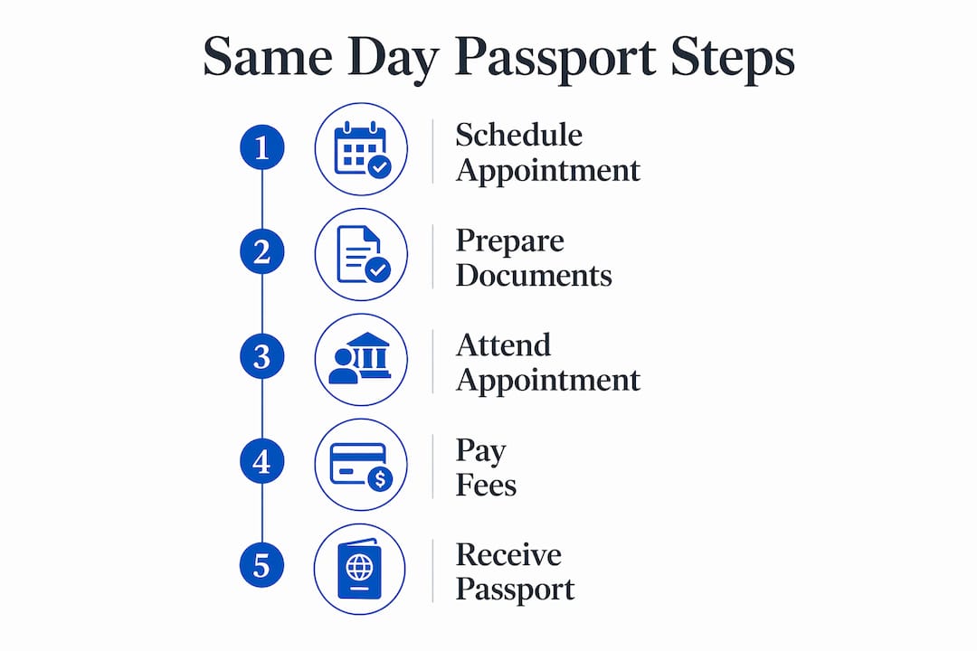 Infographic showing same day passport application steps
