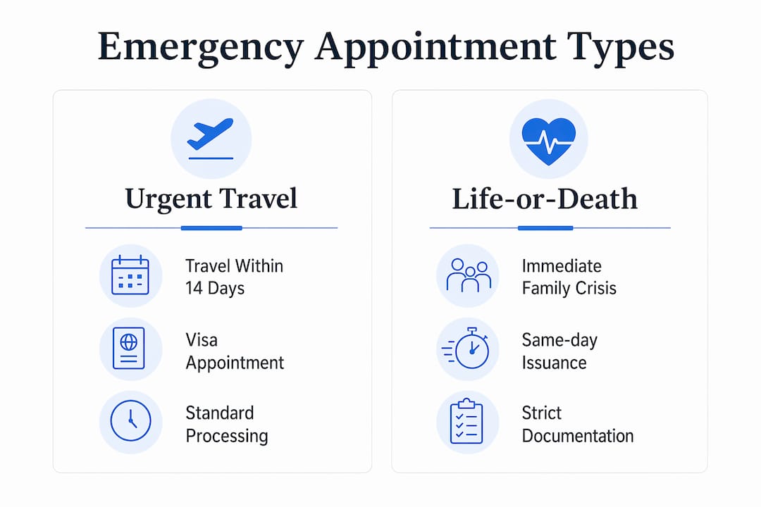 Infographic comparing urgent travel vs life-or-death emergency passport appointments