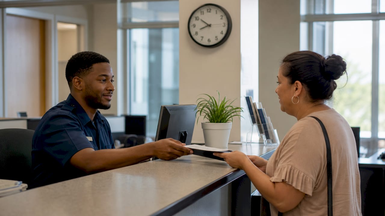 Passport agency clerk helping customer at counter