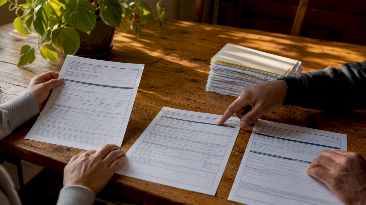 Hands comparing passport name change forms