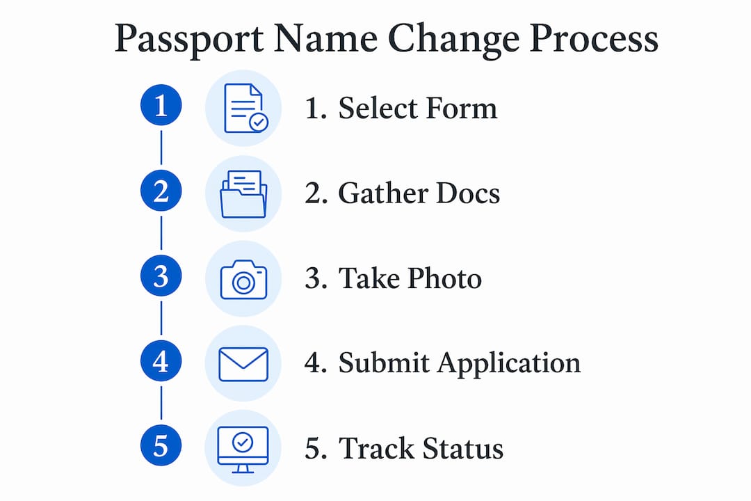 Vertical steps infographic showing passport name change process