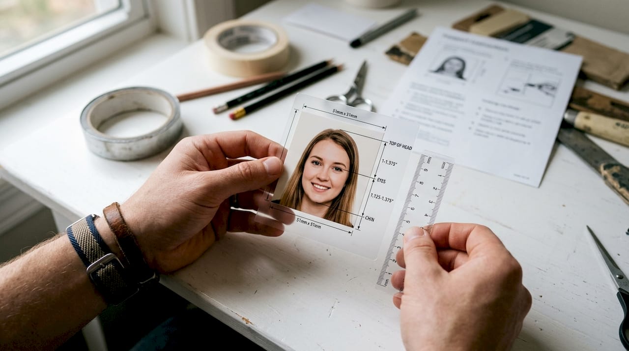 Hands measuring passport photo dimensions