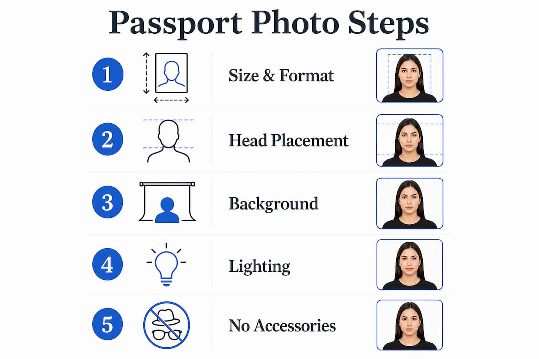Infographic illustrating passport photo steps