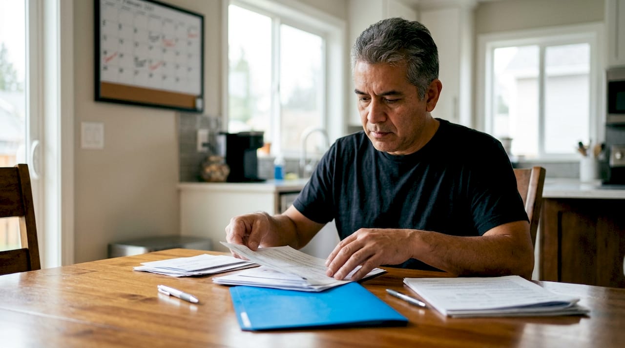 Hands organizing urgent travel documents on desk