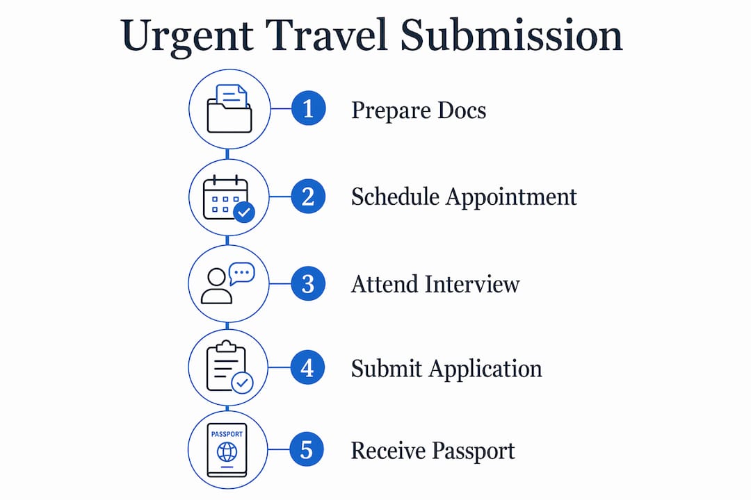 Infographic depicting steps for urgent travel submission