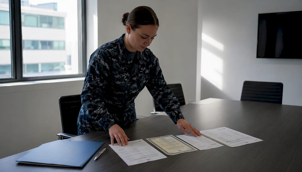 Hands arranging military passport documents