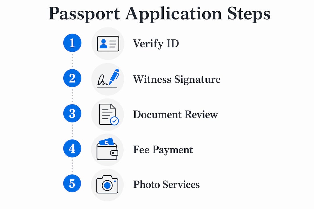 Infographic illustrating steps of passport acceptance facility services