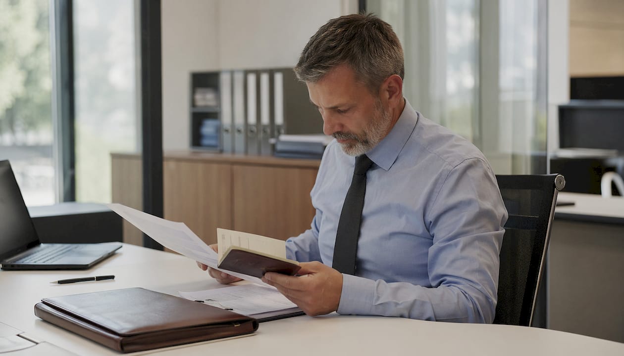 Passport officer reviewing travel itinerary and passport