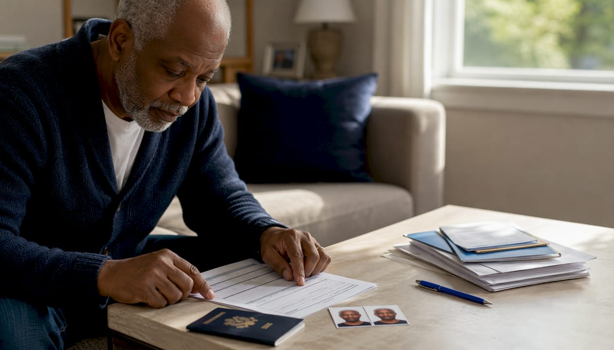 Hands holding passport and renewal form