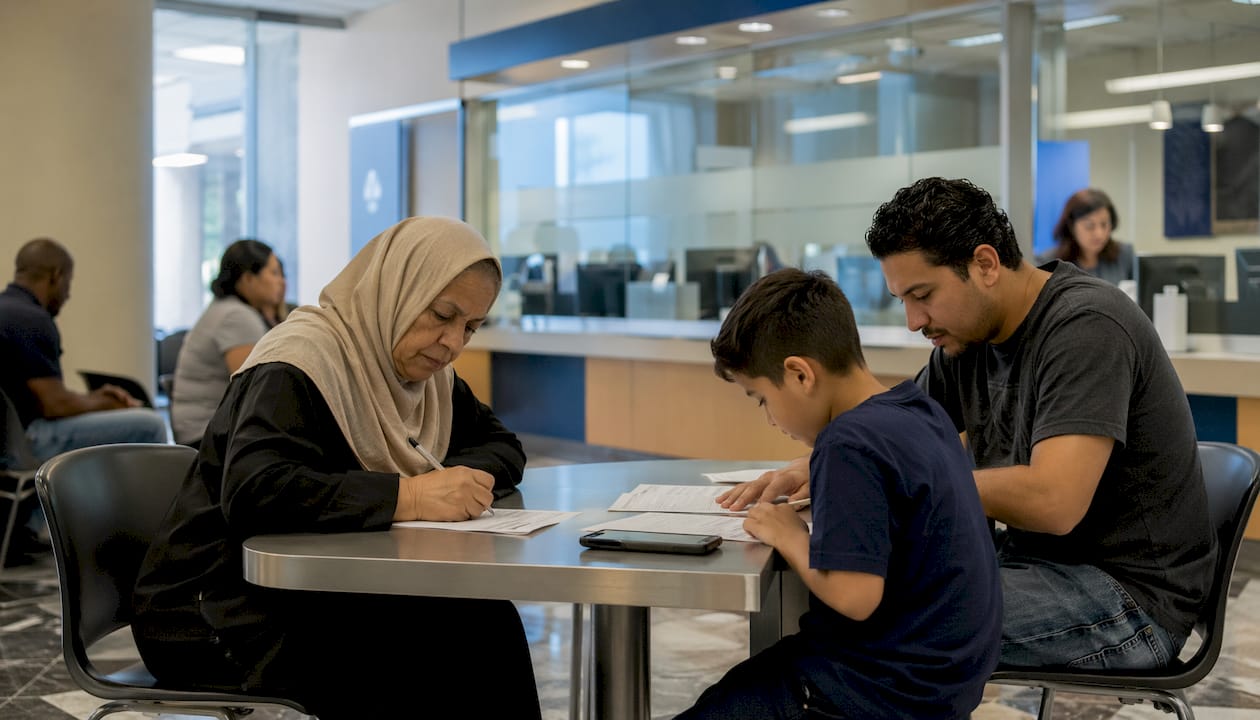 Passport office reception with waiting applicants