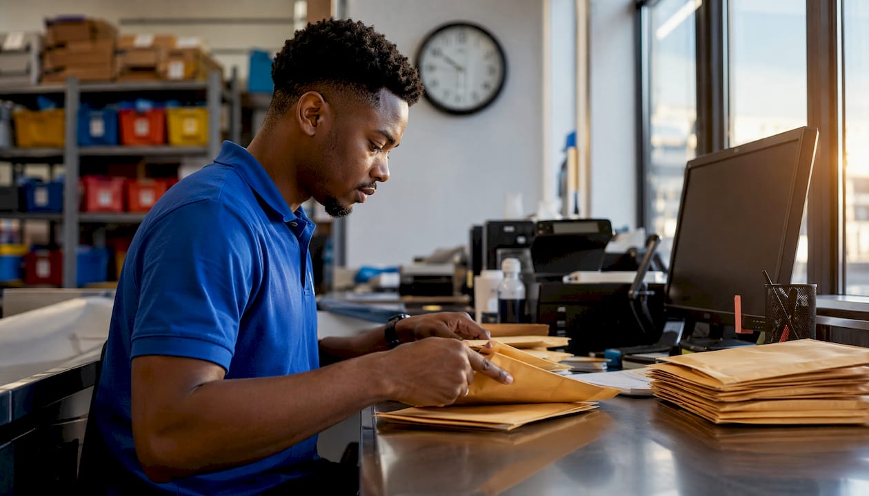 Courier sorting passport applications in office