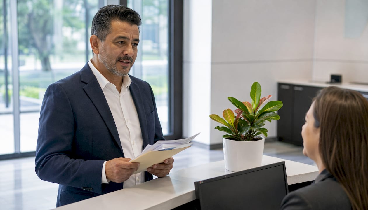 Man at passport agency reception desk