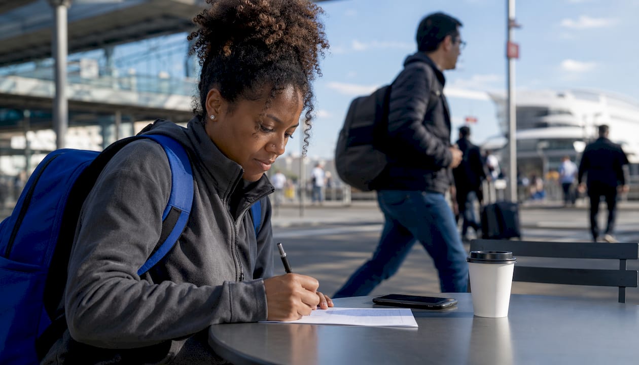 Traveler calmly writing notes during passport seizure