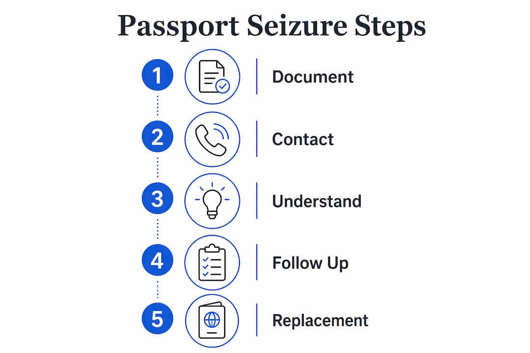 Infographic illustrating steps to handle passport seizure